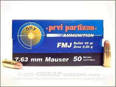 Prvi Partizan - Full Metal Jacket - 85 Grain 7.63 Mauser Ammo - 50 Rounds