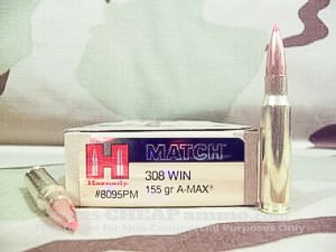 Hornady - A-MAX Palma Match - 155 Grain 308 Winchester  Ammo - 20 Rounds