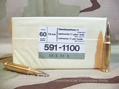 Military Surplus - Full Metal Jacket - 174 Grain 7.5x55 Swiss Ammo - 60 Rounds