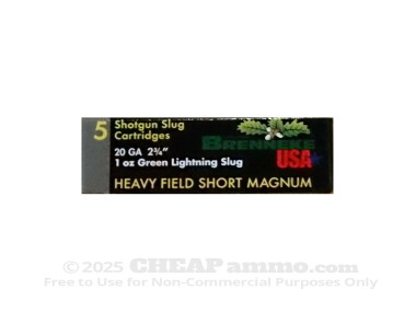 Brenneke Green Lightning Rifled Slug 2-3/4" 1 oz. 20 Gauge  Ammo - 5 Rounds