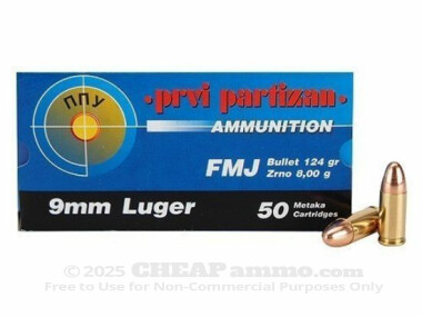 Prvi Partizan Full Metal Jacket (FMJ) 124 Grain 9mm Luger (9x19)  Ammo - 1000 Rounds