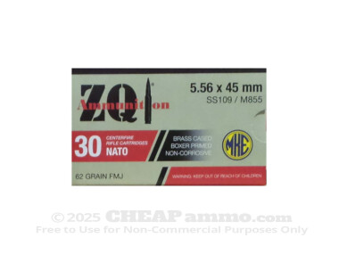 ZQI Ammunition Full Metal Jacket (FMJ) 62 Grain 5.56x45mm SS109 Ammo - 1200 Rounds