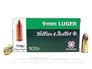 Sellier & Bellot - Total Metal Jacket - 115 Grain 9mm Luger Ammo - 50 Rounds