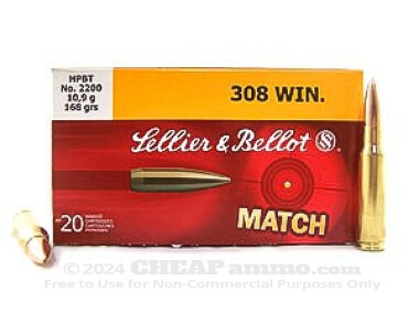 Sellier & Bellot - Hollow Point Boat Tail - 168 Grain 308 Winchester  Ammo - 20 Rounds