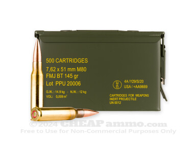 Prvi Partizan - Full Metal Jacket Boat Tail - 145 Grain 7.62x51 Ammo - 500 Rounds in Ammo Can