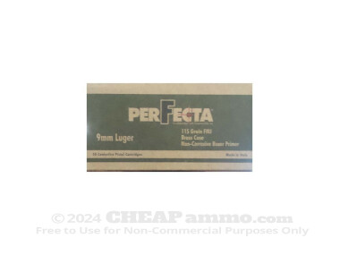 Fiocchi Perfecta - Full Metal Jacket - 115 Grain 9mm Luger (9X19) Ammo - 50 Rounds 