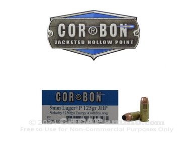 Corbon Jacketed Hollow-Point (JHP) 125 Grain 9mm Luger (9x19)  +P Ammo - 20 Rounds