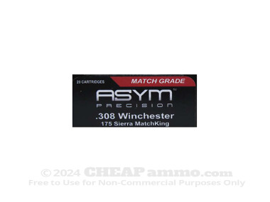ASYM Precision Ammunition Hollow-Point Boat Tail (HP-BT) 175 Grain 308 Winchester  (7.62X51)  Ammo - 20 Rounds