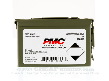 PMC - Full Metal Jacket Boat Tail - 55 Grain 5.56x45 Ammo - 840 Rounds in Stripper Clips Ammo Can