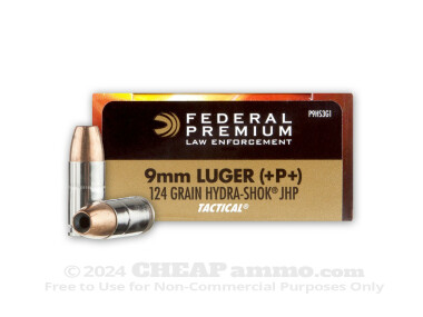 Federal Law Enforcement Jacketed Hollow-Point (JHP) +P+ 124 Grain 9mm Luger (9x19) Ammo - 1000 Rounds