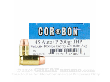 Corbon Jacketed Hollow-Point (JHP) 200 Grain 45 ACP (Auto)  +P Ammo - 500  Rounds