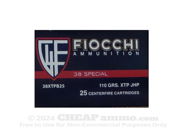 Fiocchi Jacketed Hollow-Point (JHP) 110 Grain 38 Special  +P Ammo - 25 Rounds