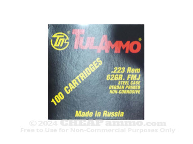 Tula Cartridge Works Full Metal Jacket (FMJ) 62 Grain 223 Remington  Ammo - 1000 Rounds