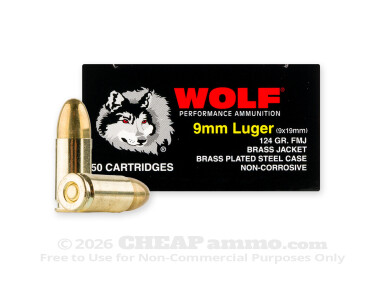 Wolf - Full Metal Jacket - 124 Grain 9mm Ammo - 50 Rounds *STEEL CASES*