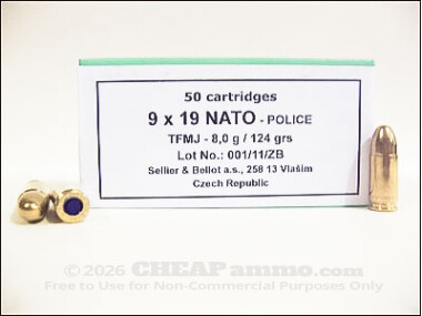 Sellier & Bellot - Total Metal Jacket - 124 Grain 9mm Luger Ammo - 1000 Rounds