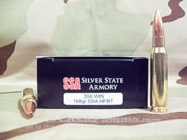 Silver State Armory - Hollow Point Boat Tail - 168 Grain 308 Winchester  Ammo - 20 Rounds