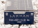 Speer Lawman Total Metal Jacket (TMJ) 115 Grain 9mm Luger (9x19) Ammo - 50 Rounds