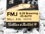 Sellier & Bellot - Full Metal Jacket - 50 Grain 25 Auto Ammo - 50 Rounds